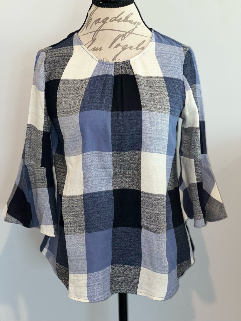 Ro & De Blue Plaid Bell-Sleeve Blouse